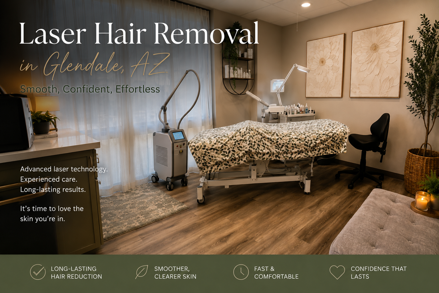 Laser hair removal treatment room with Lutronic Clarity II laser at Cleanz Med Spa in Glendale, Arizona.