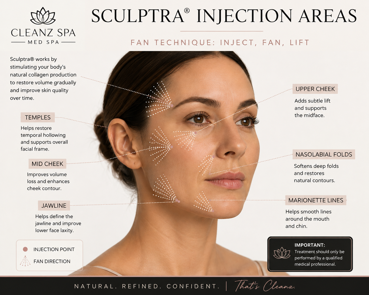 Sculptra injection areas and fanning technique for facial collagen stimulation